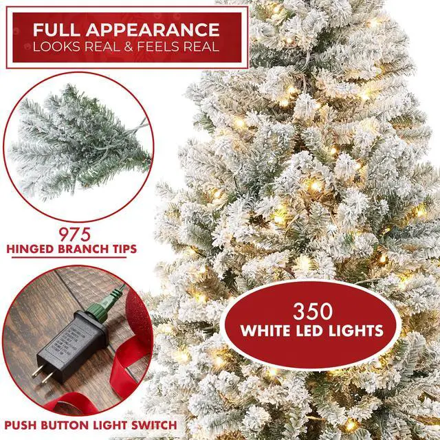 Alt view image 2 of 6 - Casafield 7.5FT Pre-Lit Pencil Snow-Flocked Alpine Fir, Slim Realistic Artificial Holiday Christmas Tree with Metal Stand