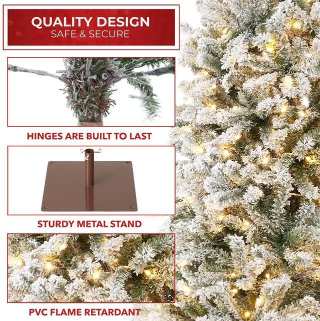 Alt view image 4 of 6 - Casafield 7.5FT Pre-Lit Pencil Snow-Flocked Alpine Fir, Slim Realistic Artificial Holiday Christmas Tree with Metal Stand