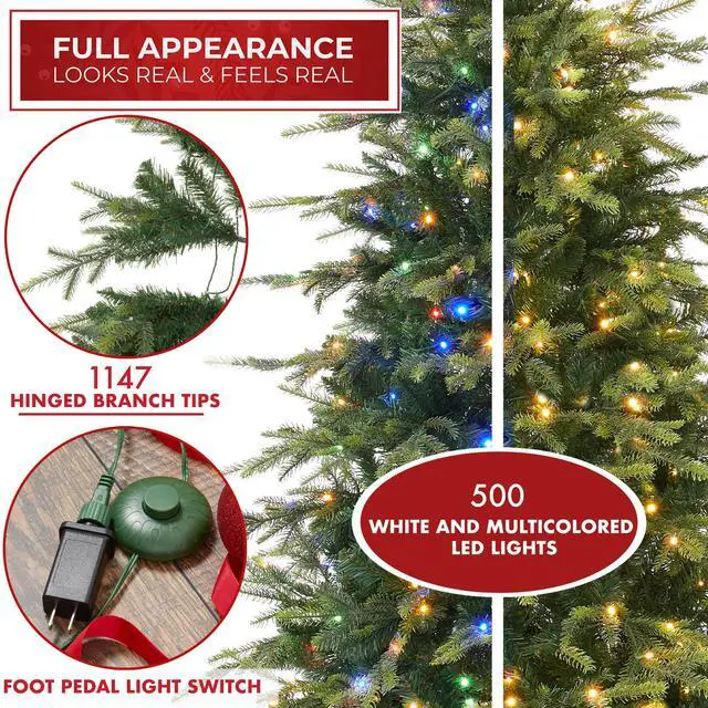 Alt view image 2 of 6 - Casafield 7.5FT Pre-Lit Slim Green Aspen Fir Christmas Tree with White & Multicolored LED Lights, Realistic Artificial Noble Fir with Metal Stand