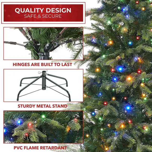 Alt view image 4 of 6 - Casafield 7.5FT Pre-Lit Slim Green Aspen Fir Christmas Tree with White & Multicolored LED Lights, Realistic Artificial Noble Fir with Metal Stand