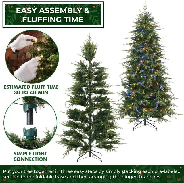 Alt view image 3 of 6 - Casafield 7.5FT Pre-Lit Slim Green Aspen Fir Christmas Tree with White & Multicolored LED Lights, Realistic Artificial Noble Fir with Metal Stand