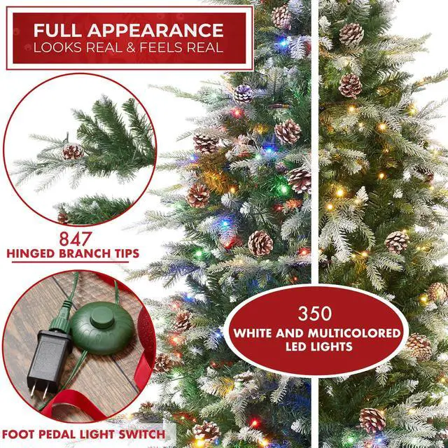 Alt view image 2 of 6 - Casafield 6.5FT Pre-Lit Frosted Slim Aspen Fir Christmas Tree with White & Multicolored LED Lights, Partially Flocked Realistic Artificial Noble Fir with Metal Stand