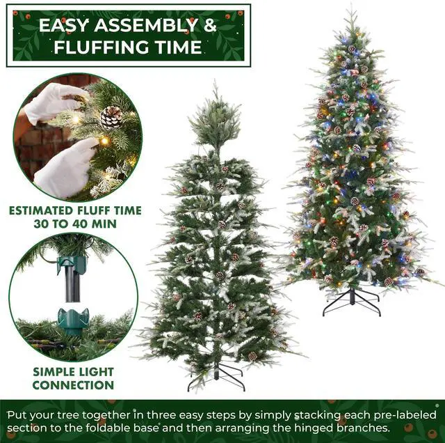 Alt view image 3 of 6 - Casafield 6.5FT Pre-Lit Frosted Slim Aspen Fir Christmas Tree with White & Multicolored LED Lights, Partially Flocked Realistic Artificial Noble Fir with Metal Stand