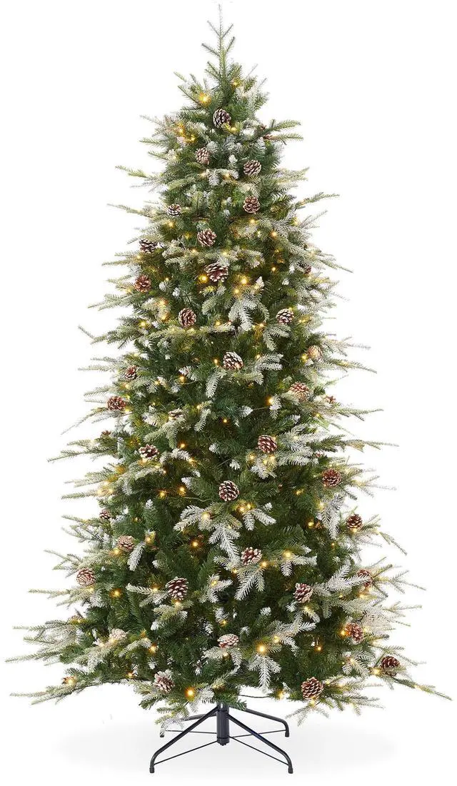 Main image of Casafield 7.5FT Pre-Lit Frosted Slim Aspen Fir Christmas Tree with White & Multicolored LED Lights, Partially Flocked Realistic Artificial Noble Fir with Metal Stand