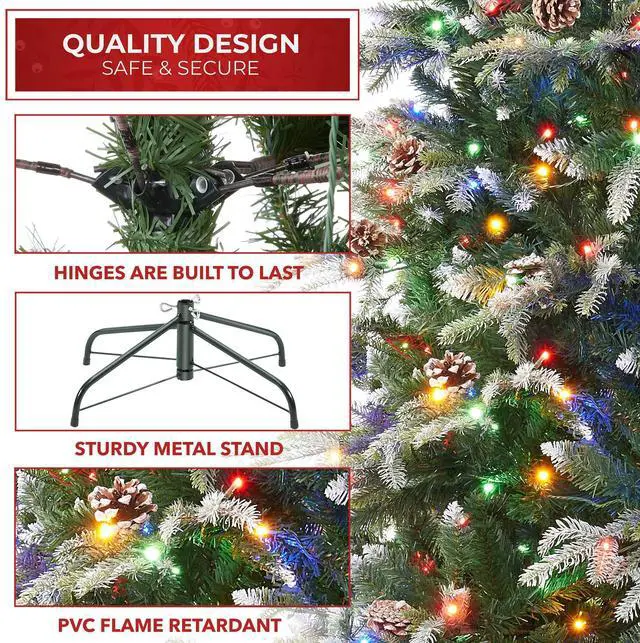 Alt view image 4 of 6 - Casafield 7.5FT Pre-Lit Frosted Slim Aspen Fir Christmas Tree with White & Multicolored LED Lights, Partially Flocked Realistic Artificial Noble Fir with Metal Stand