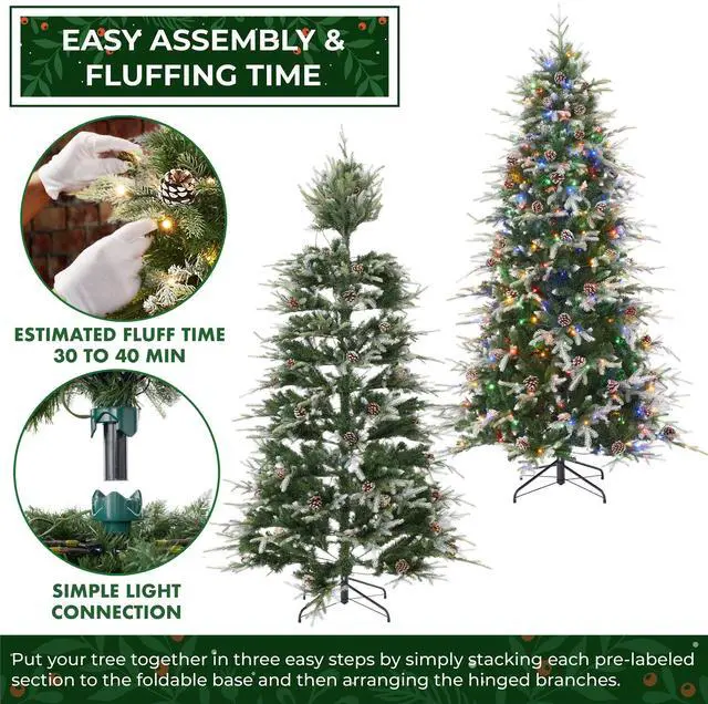 Alt view image 3 of 6 - Casafield 7.5FT Pre-Lit Frosted Slim Aspen Fir Christmas Tree with White & Multicolored LED Lights, Partially Flocked Realistic Artificial Noble Fir with Metal Stand