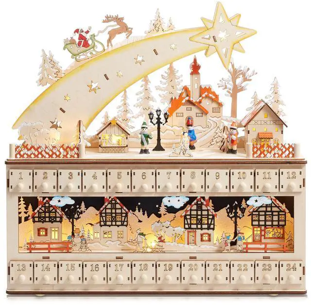 Alt view image 2 of 6 - Casafield Wooden Christmas Advent Calendar with Drawers, Christmas Countdown LED Holiday Decoration with Shooting Star and Light Background