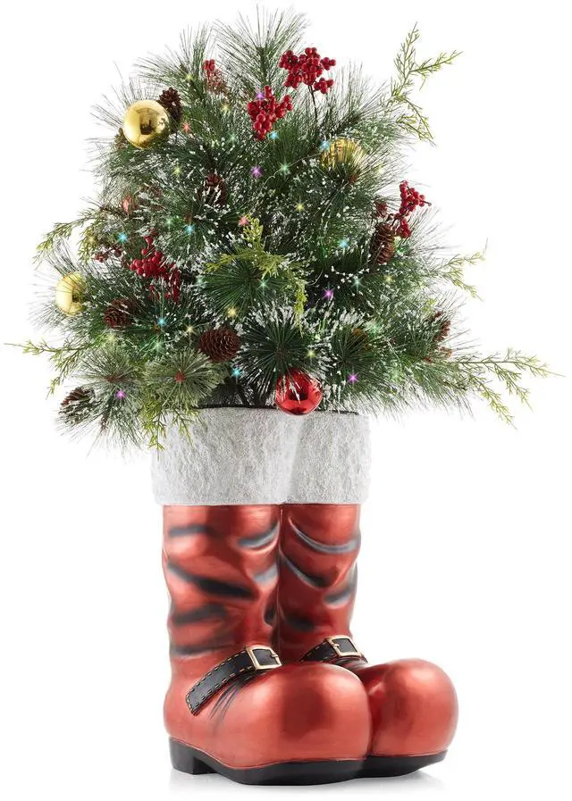 Main image of Casafield 40" Hand-Painted Ceramic Santa Boots with Pre-Lit Frosted Greenery  Outdoor Christmas Decorations for Porch, Yard, or Indoor Holiday Decor