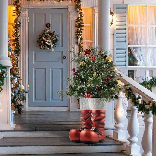 Alt view image 2 of 6 - Casafield 40" Hand-Painted Ceramic Santa Boots with Pre-Lit Frosted Greenery  Outdoor Christmas Decorations for Porch, Yard, or Indoor Holiday Decor