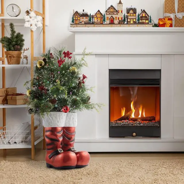 Alt view image 5 of 6 - Casafield 40" Hand-Painted Ceramic Santa Boots with Pre-Lit Frosted Greenery  Outdoor Christmas Decorations for Porch, Yard, or Indoor Holiday Decor