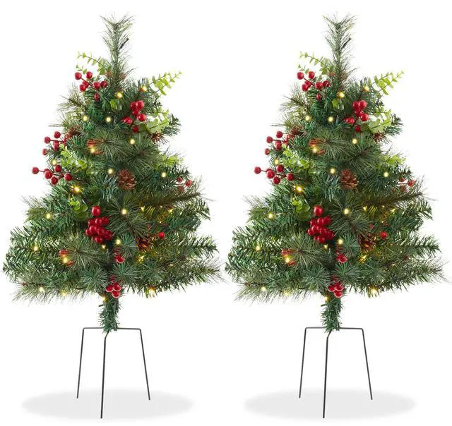 Main image of Casafield Set of 2 - 24" Outdoor Pathway Christmas Trees, Realistic Walkway Pre-Lit Holiday Decor with Red Berries, Pinecones, Mixed Greenery, and White LED Lights