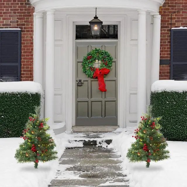 Alt view image 2 of 6 - Casafield Set of 2 - 24" Outdoor Pathway Christmas Trees, Realistic Walkway Pre-Lit Holiday Decor with Red Berries, Pinecones, Mixed Greenery, and White LED Lights