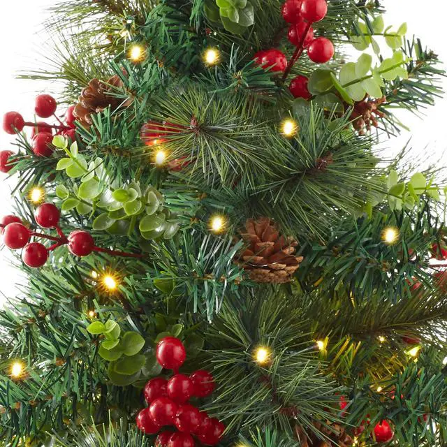 Alt view image 3 of 6 - Casafield Set of 2 - 24" Outdoor Pathway Christmas Trees, Realistic Walkway Pre-Lit Holiday Decor with Red Berries, Pinecones, Mixed Greenery, and White LED Lights