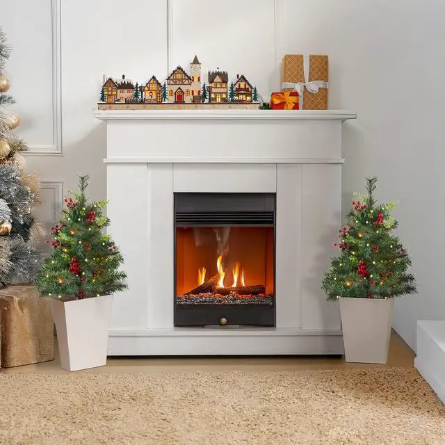 Alt view image 4 of 6 - Casafield Set of 2 - 24" Outdoor Pathway Christmas Trees, Realistic Walkway Pre-Lit Holiday Decor with Red Berries, Pinecones, Mixed Greenery, and White LED Lights