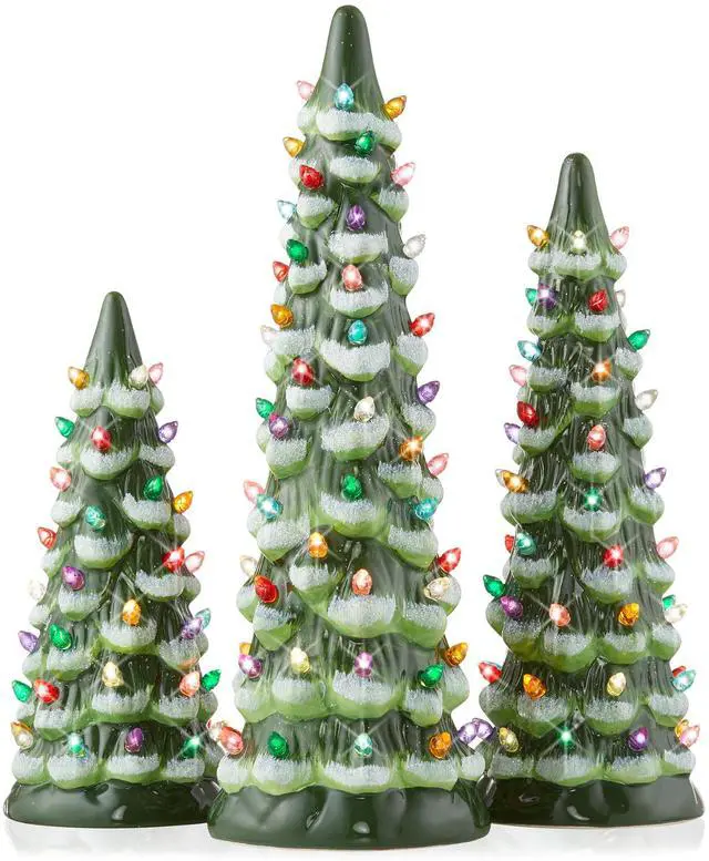 Main image of Casafield Set of 3 Hand Painted Ceramic Christmas Tree - Green Snow Flocked Pre-Lit 8, 10, 12-Inch Trees with Multi Color Lights