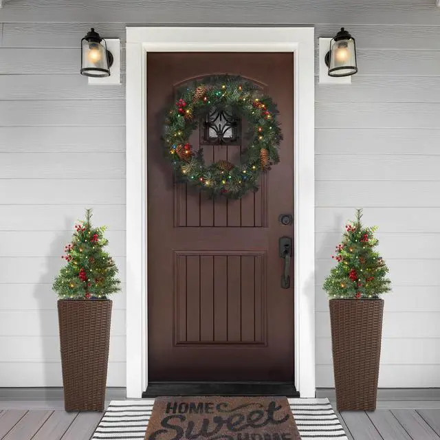 Alt view image 6 of 6 - Casafield Set of 2 - 24" Outdoor Pathway Christmas Trees, Realistic Walkway Pre-Lit Holiday Decor with Red Berries, Pinecones, Mixed Greenery, and White LED Lights