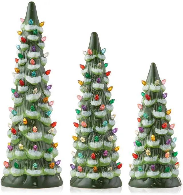 Alt view image 3 of 6 - Casafield Set of 3 Hand Painted Ceramic Christmas Tree - Green Snow Flocked Pre-Lit 8, 10, 12-Inch Trees with Multi Color Lights