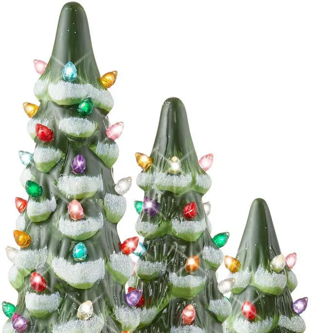 Alt view image 5 of 6 - Casafield Set of 3 Hand Painted Ceramic Christmas Tree - Green Snow Flocked Pre-Lit 8, 10, 12-Inch Trees with Multi Color Lights