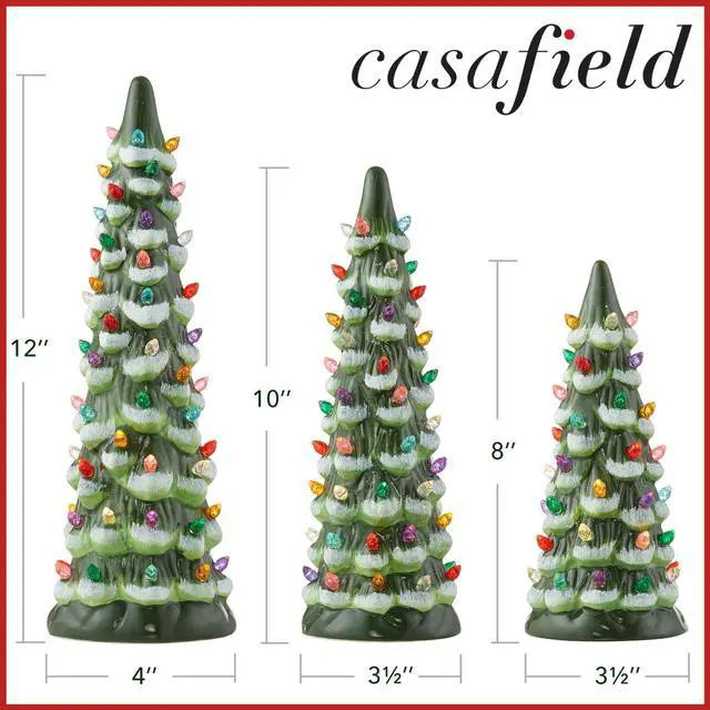 Alt view image 6 of 6 - Casafield Set of 3 Hand Painted Ceramic Christmas Tree - Green Snow Flocked Pre-Lit 8, 10, 12-Inch Trees with Multi Color Lights
