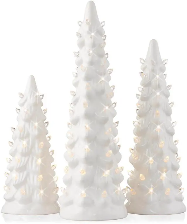 Main image of Casafield Set of 3 Hand Painted Ceramic Christmas Tree - White Pre-Lit 8, 10, 12-Inch Trees with White Lights