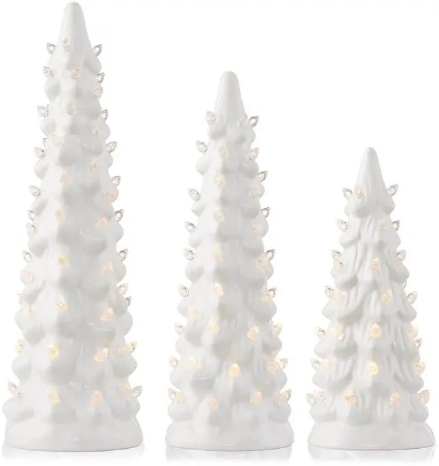 Alt view image 3 of 6 - Casafield Set of 3 Hand Painted Ceramic Christmas Tree - White Pre-Lit 8, 10, 12-Inch Trees with White Lights