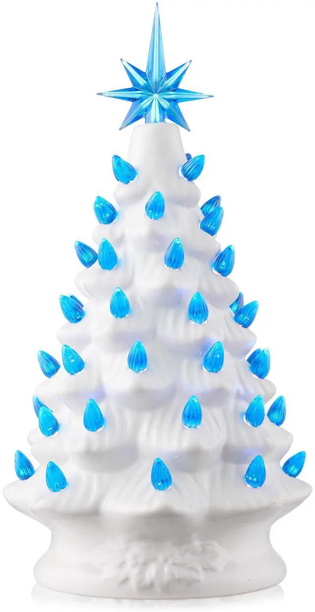 Main image of Casafield Hand Painted Ceramic Christmas Tree, White 12-Inch Pre-Lit Tree with 100 Pink and Blue Lights and 2 Star Toppers