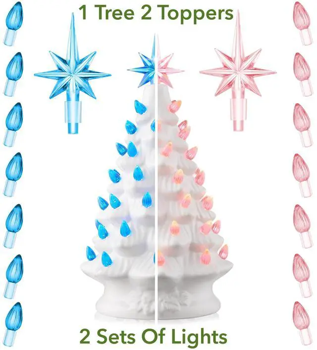 Alt view image 2 of 6 - Casafield Hand Painted Ceramic Christmas Tree, White 12-Inch Pre-Lit Tree with 100 Pink and Blue Lights and 2 Star Toppers