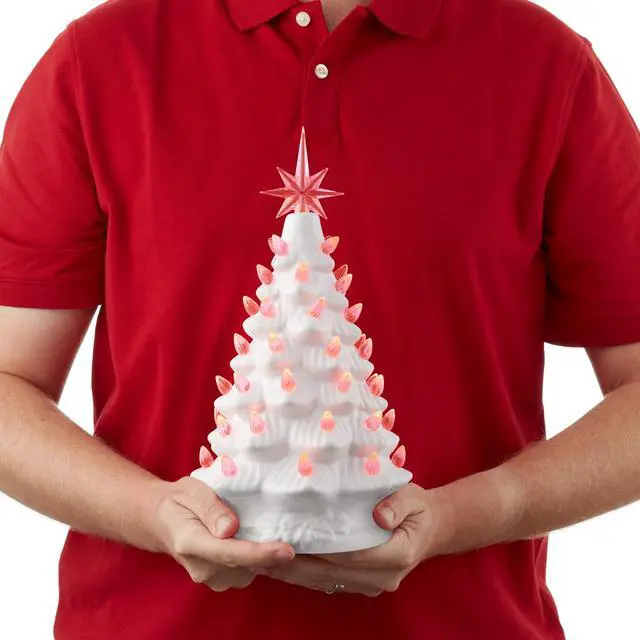 Alt view image 3 of 6 - Casafield Hand Painted Ceramic Christmas Tree, White 12-Inch Pre-Lit Tree with 100 Pink and Blue Lights and 2 Star Toppers