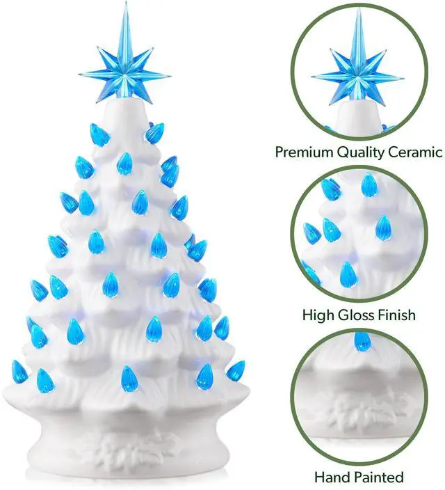 Alt view image 5 of 6 - Casafield Hand Painted Ceramic Christmas Tree, White 12-Inch Pre-Lit Tree with 100 Pink and Blue Lights and 2 Star Toppers