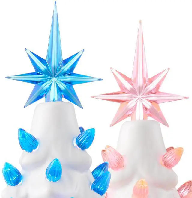 Alt view image 6 of 6 - Casafield Hand Painted Ceramic Christmas Tree, White 12-Inch Pre-Lit Tree with 100 Pink and Blue Lights and 2 Star Toppers