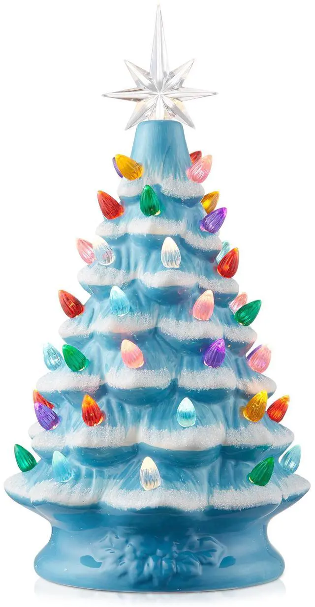 Main image of Casafield Hand Painted Ceramic Christmas Tree, Blue Snow Flocked 12-Inch Pre-Lit Tree with 100 Multi Color Lights and 2 Star Toppers