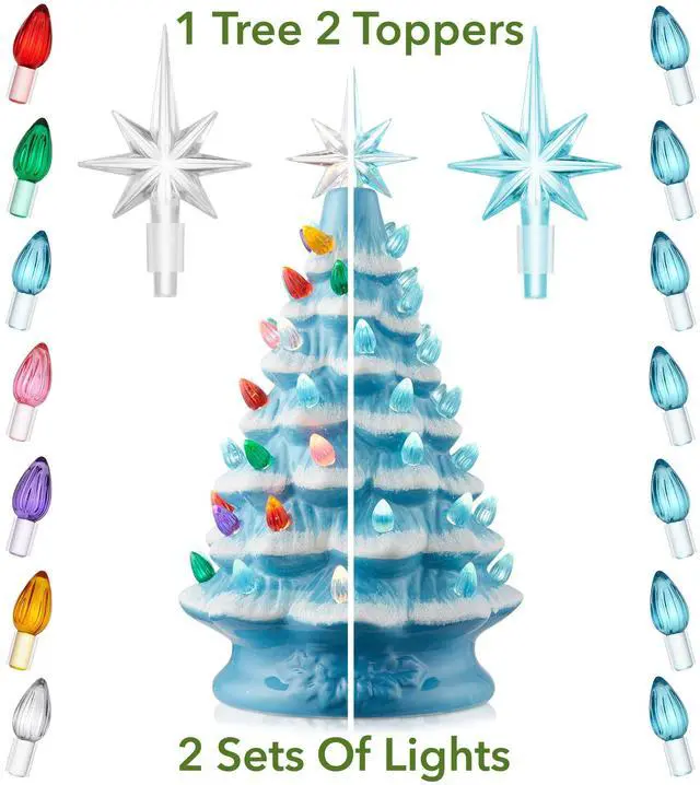 Alt view image 2 of 6 - Casafield Hand Painted Ceramic Christmas Tree, Blue Snow Flocked 12-Inch Pre-Lit Tree with 100 Multi Color Lights and 2 Star Toppers