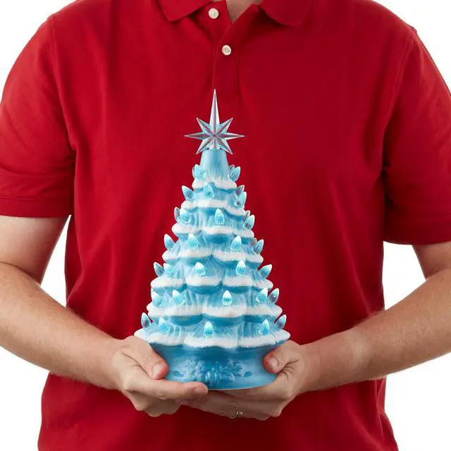 Alt view image 3 of 6 - Casafield Hand Painted Ceramic Christmas Tree, Blue Snow Flocked 12-Inch Pre-Lit Tree with 100 Multi Color Lights and 2 Star Toppers