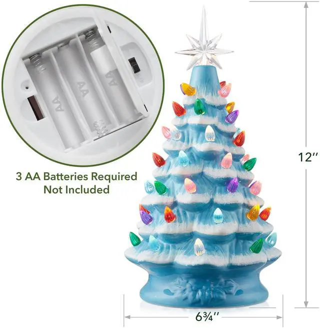 Alt view image 4 of 6 - Casafield Hand Painted Ceramic Christmas Tree, Blue Snow Flocked 12-Inch Pre-Lit Tree with 100 Multi Color Lights and 2 Star Toppers
