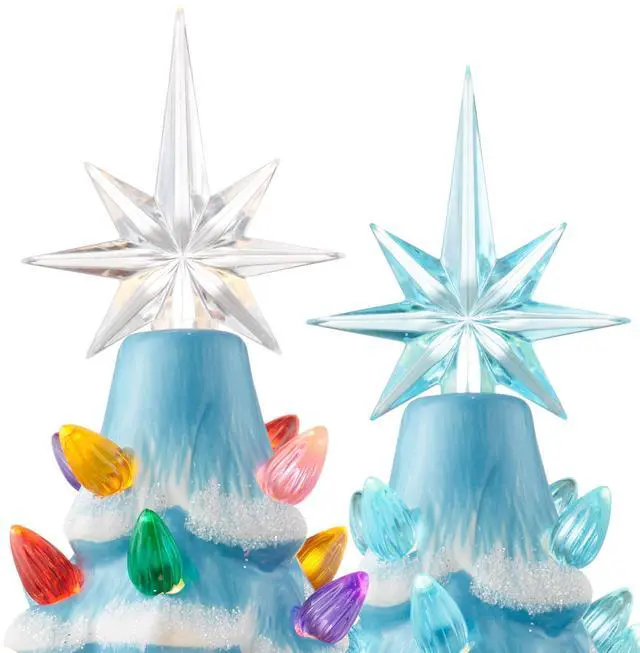 Alt view image 6 of 6 - Casafield Hand Painted Ceramic Christmas Tree, Blue Snow Flocked 12-Inch Pre-Lit Tree with 100 Multi Color Lights and 2 Star Toppers