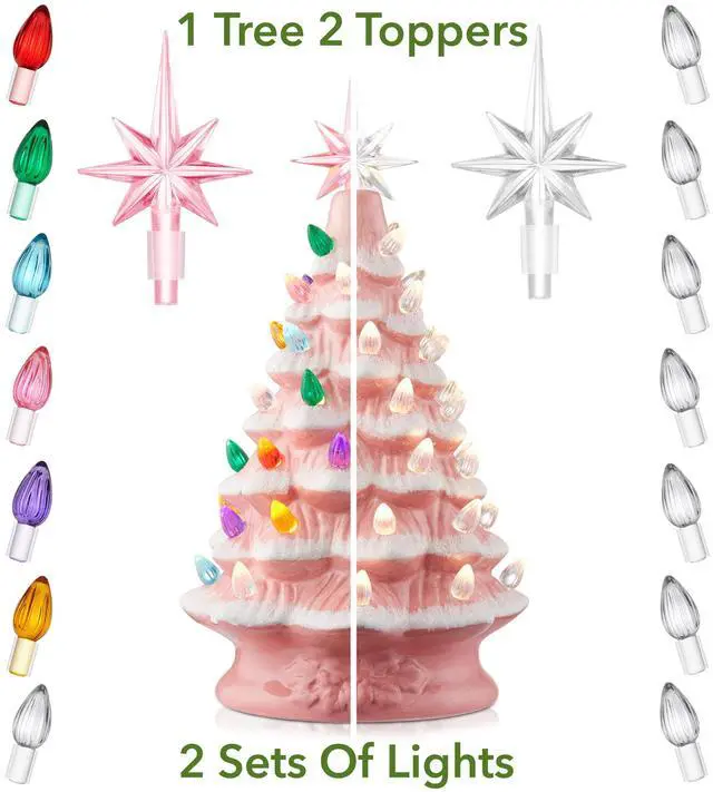 Alt view image 2 of 6 - Casafield Hand Painted Ceramic Christmas Tree, Pink Snow Flocked 12-Inch Pre-Lit Tree with 100 Multi Color Lights and 2 Star Toppers
