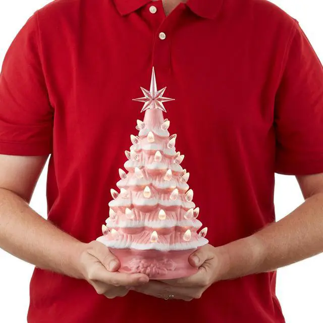 Alt view image 3 of 6 - Casafield Hand Painted Ceramic Christmas Tree, Pink Snow Flocked 12-Inch Pre-Lit Tree with 100 Multi Color Lights and 2 Star Toppers