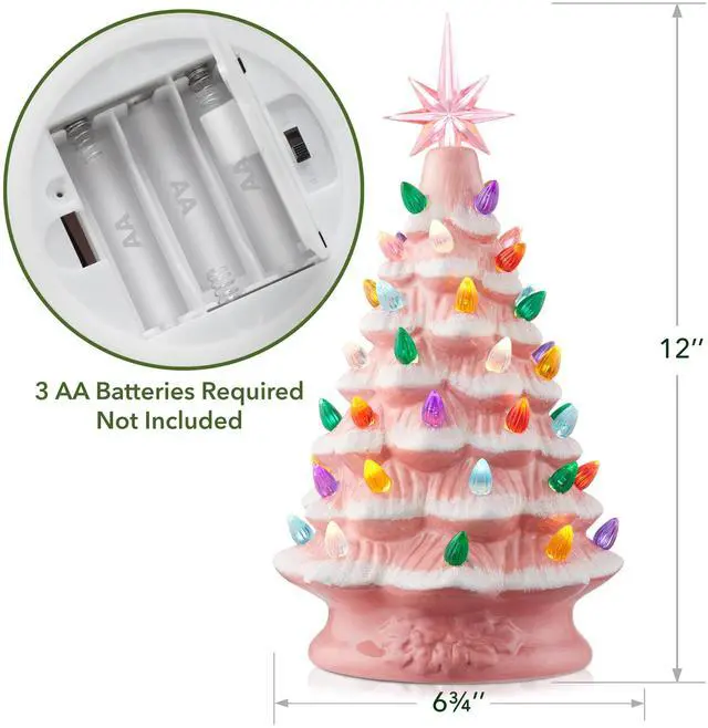Alt view image 4 of 6 - Casafield Hand Painted Ceramic Christmas Tree, Pink Snow Flocked 12-Inch Pre-Lit Tree with 100 Multi Color Lights and 2 Star Toppers