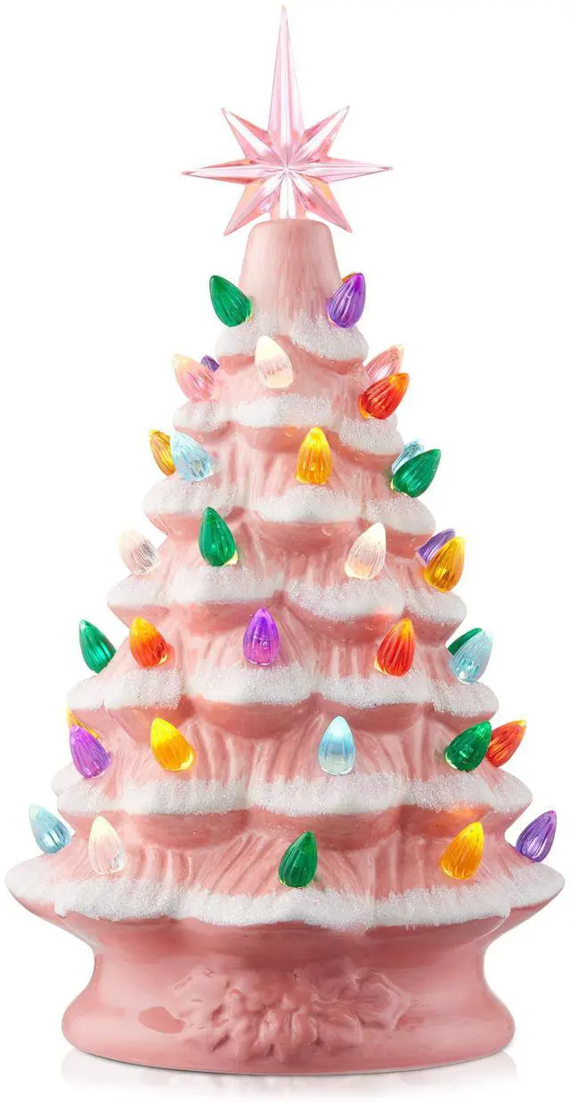 Main image of Casafield Hand Painted Ceramic Christmas Tree, Pink Snow Flocked 12-Inch Pre-Lit Tree with 100 Multi Color Lights and 2 Star Toppers