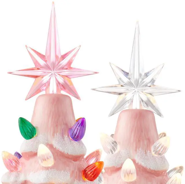 Alt view image 6 of 6 - Casafield Hand Painted Ceramic Christmas Tree, Pink Snow Flocked 12-Inch Pre-Lit Tree with 100 Multi Color Lights and 2 Star Toppers