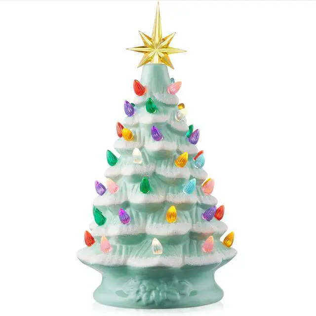 Main image of Casafield Hand Painted Ceramic Christmas Tree, Seafoam Snow Flocked 12-Inch Pre-Lit Tree with 100 Multi Color Lights and 2 Star Toppers