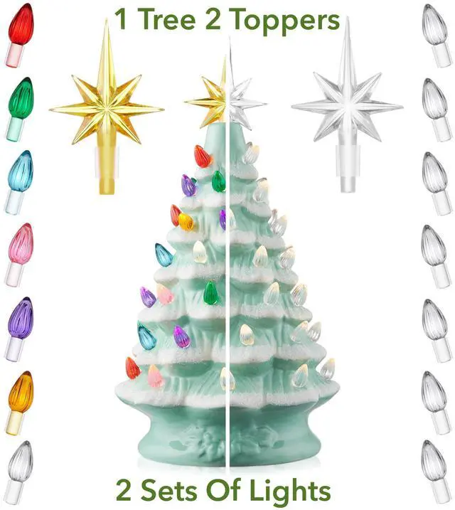 Alt view image 2 of 6 - Casafield Hand Painted Ceramic Christmas Tree, Seafoam Snow Flocked 12-Inch Pre-Lit Tree with 100 Multi Color Lights and 2 Star Toppers