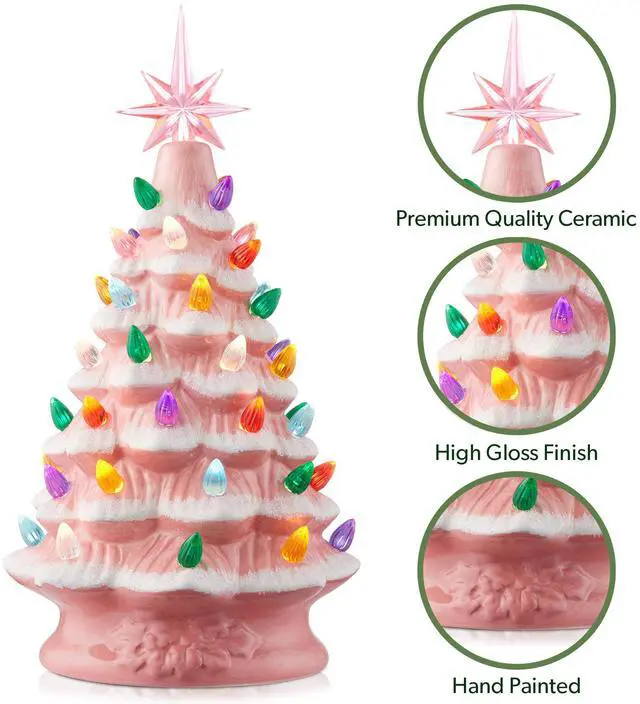 Alt view image 5 of 6 - Casafield Hand Painted Ceramic Christmas Tree, Pink Snow Flocked 12-Inch Pre-Lit Tree with 100 Multi Color Lights and 2 Star Toppers
