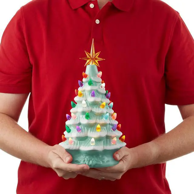 Alt view image 3 of 6 - Casafield Hand Painted Ceramic Christmas Tree, Seafoam Snow Flocked 12-Inch Pre-Lit Tree with 100 Multi Color Lights and 2 Star Toppers