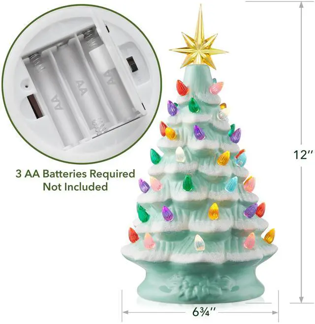 Alt view image 4 of 6 - Casafield Hand Painted Ceramic Christmas Tree, Seafoam Snow Flocked 12-Inch Pre-Lit Tree with 100 Multi Color Lights and 2 Star Toppers