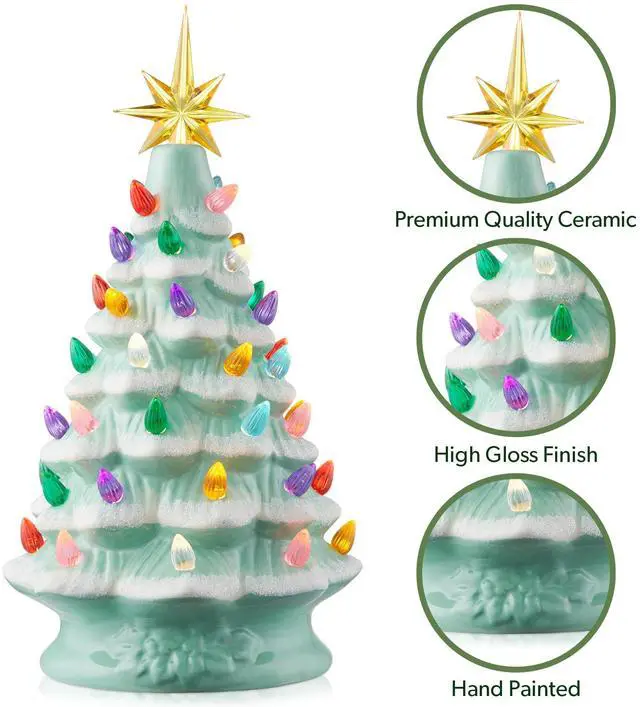 Alt view image 5 of 6 - Casafield Hand Painted Ceramic Christmas Tree, Seafoam Snow Flocked 12-Inch Pre-Lit Tree with 100 Multi Color Lights and 2 Star Toppers