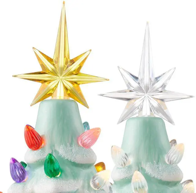 Alt view image 6 of 6 - Casafield Hand Painted Ceramic Christmas Tree, Seafoam Snow Flocked 12-Inch Pre-Lit Tree with 100 Multi Color Lights and 2 Star Toppers