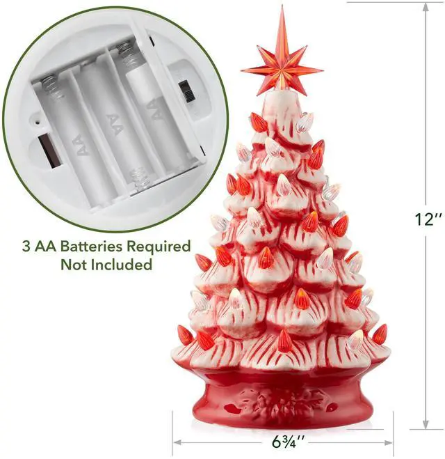 Alt view image 4 of 6 - Casafield Hand Painted Ceramic Christmas Tree, Red and White Peppermint 12-Inch Pre-Lit Tree with 100 Multi Color Lights and 2 Star Toppers