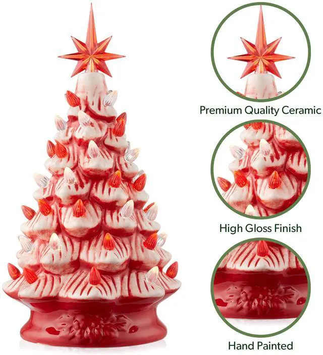 Alt view image 5 of 6 - Casafield Hand Painted Ceramic Christmas Tree, Red and White Peppermint 12-Inch Pre-Lit Tree with 100 Multi Color Lights and 2 Star Toppers