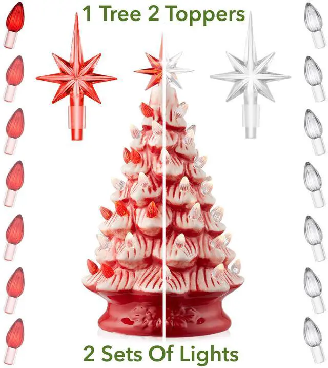 Alt view image 2 of 6 - Casafield Hand Painted Ceramic Christmas Tree, Red and White Peppermint 12-Inch Pre-Lit Tree with 100 Multi Color Lights and 2 Star Toppers